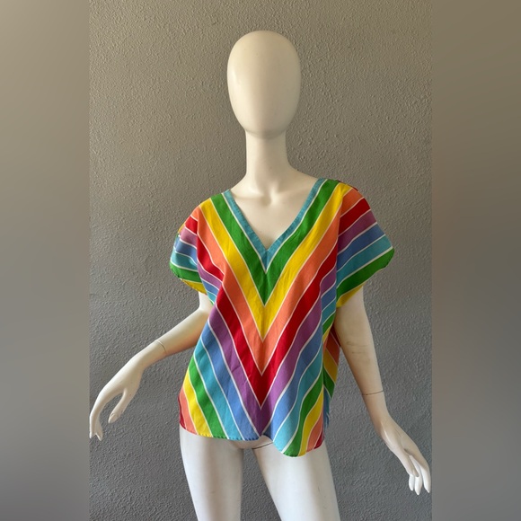 Vintage 70s 80s Rainbow Chevron Striped Top Blouse - Picture 3 of 13